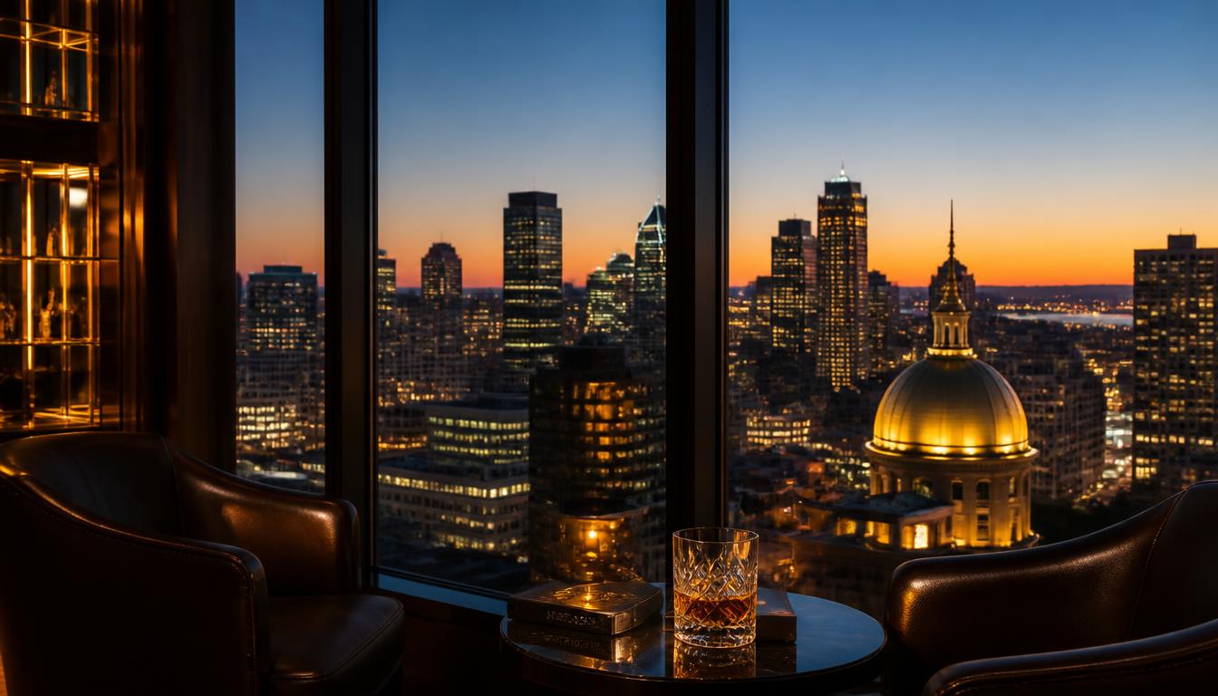 Vue panoramique de la Rive-Sud de Montréal au crépuscule depuis un salon privé